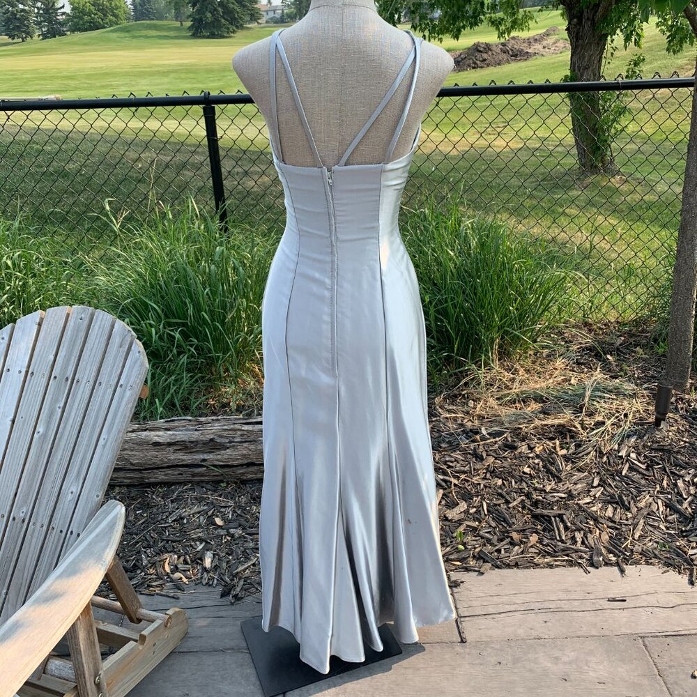 Vintage Silver Satin Maxi Dress with Beaded Bodice Grad Prom dress - Picture 6 of 16